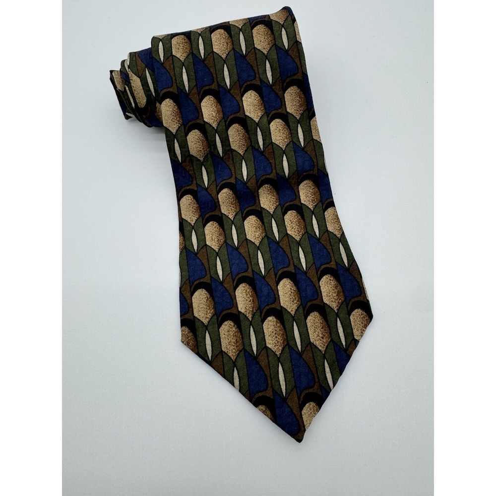 Portico Silk Tie Italy Geometric‎ Abstract Blue Green Brown Necktie